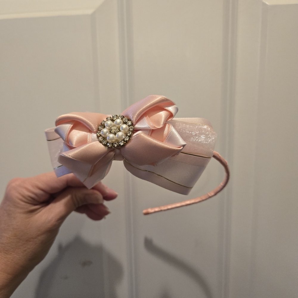 Pink Satin Oversized Bow Skinny Headband Pearl Rhinestone Crystal Hair Accessory